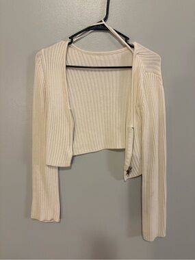 Y2K Women's Cream Ribbed Zip Cardigan Sweater